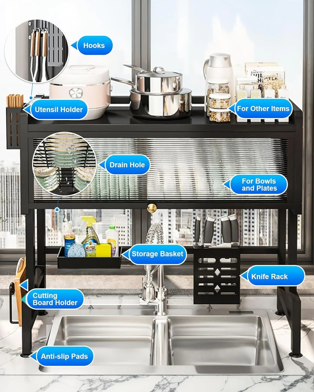 Kitchen Sink Dish Rack Single Layer With Glass